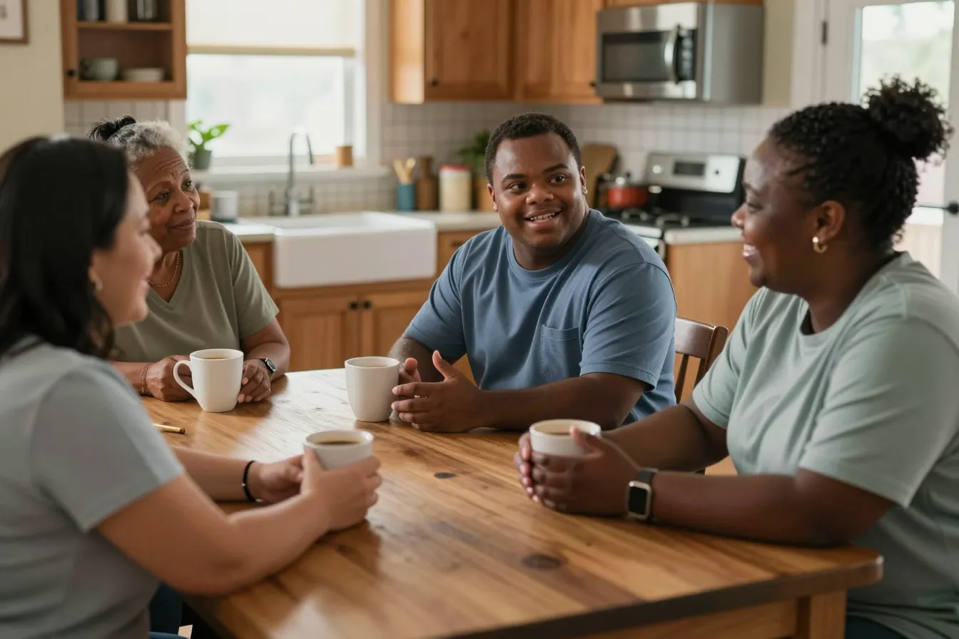 A young man with Down syndrome shares his ideas at the kitchen table with his mother, grandmother and a QLI coordinator