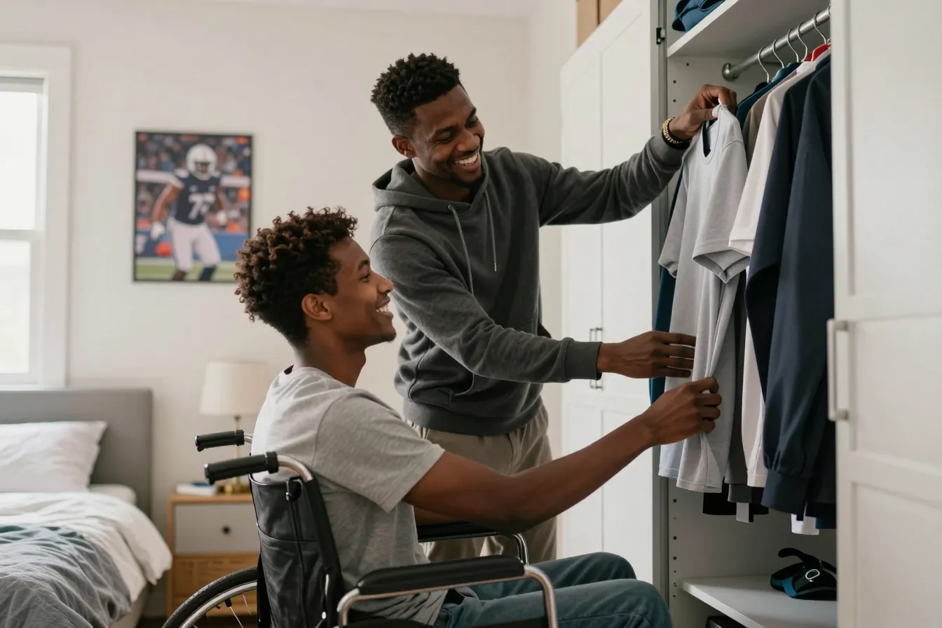 A caregiver helps a young man who uses a wheelchair choose a shirt from his closet