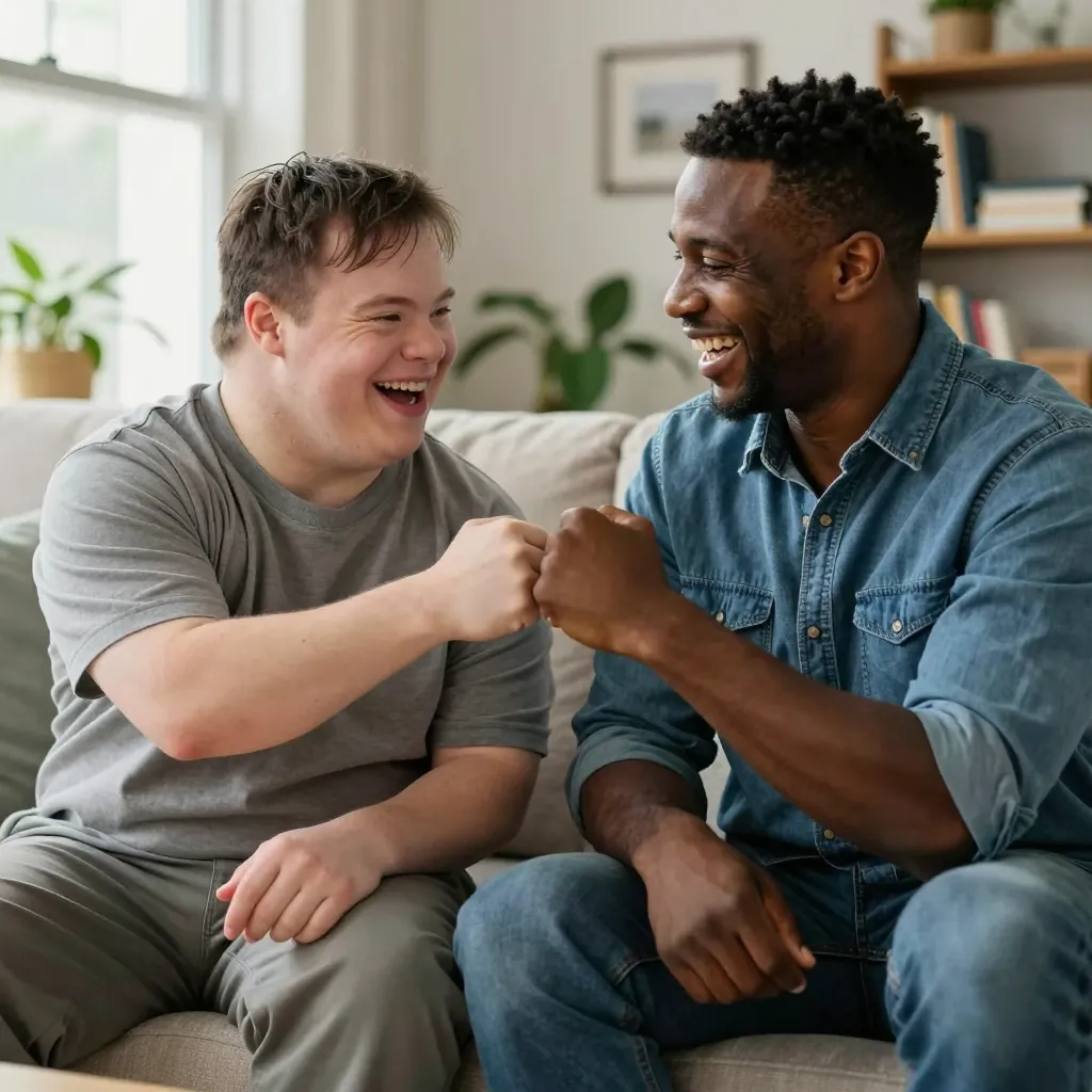 A young man with Down syndrome and his caregiver share a laugh and a fist bump on the sofa