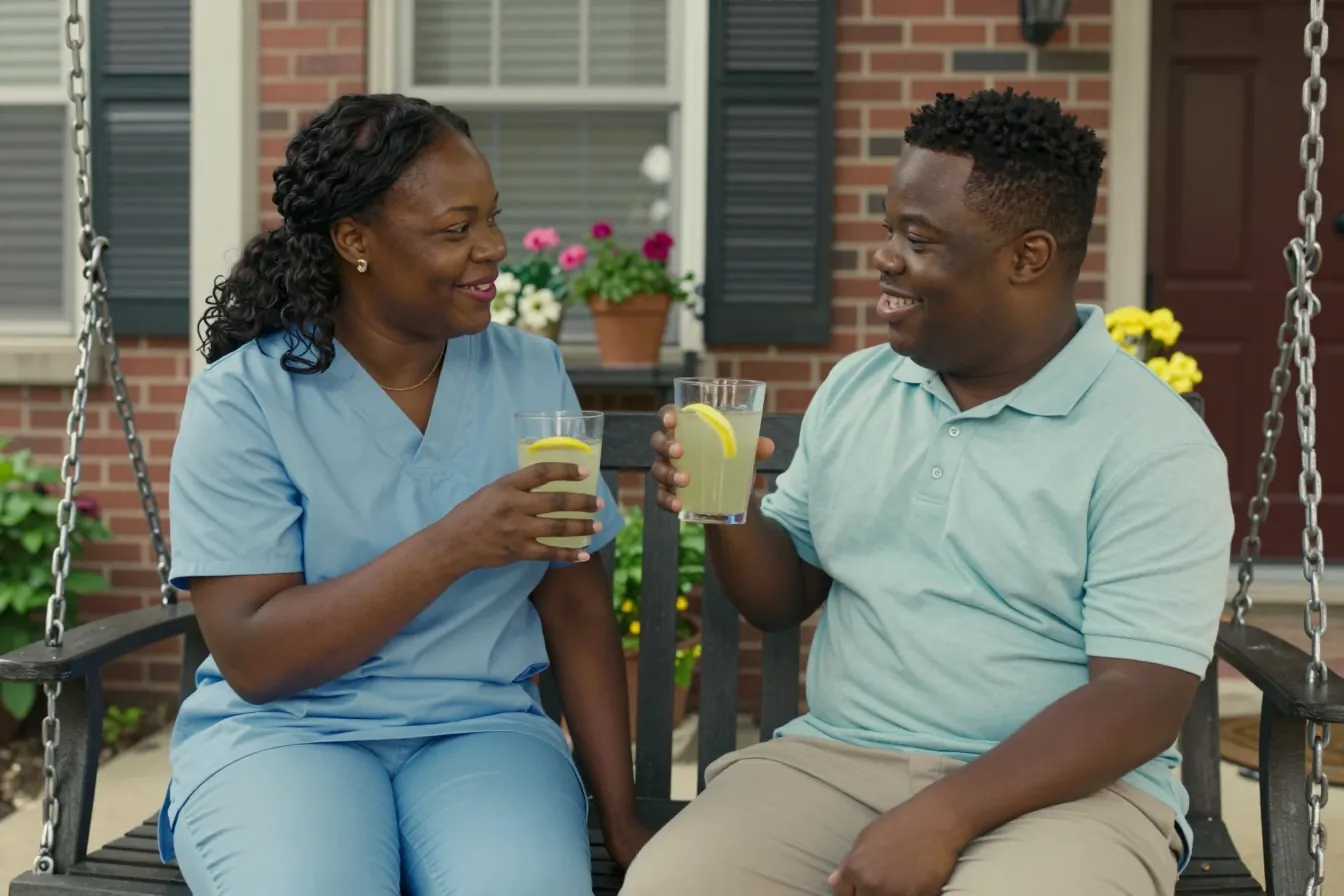 A caregiver and a young man share a laugh over glasses of lemonade on a front porch swing