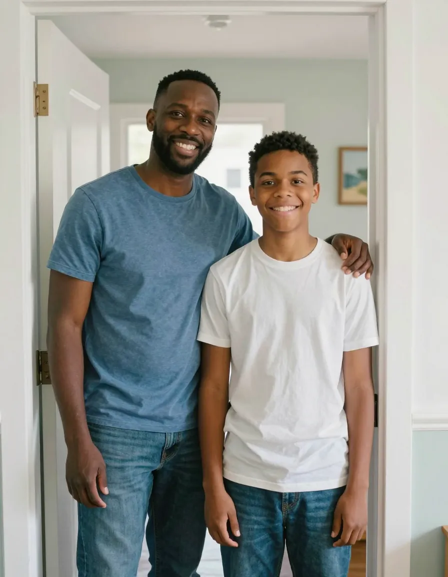 A caregiver with his arm around a young man's shoulder, both smiling in the doorway of their home