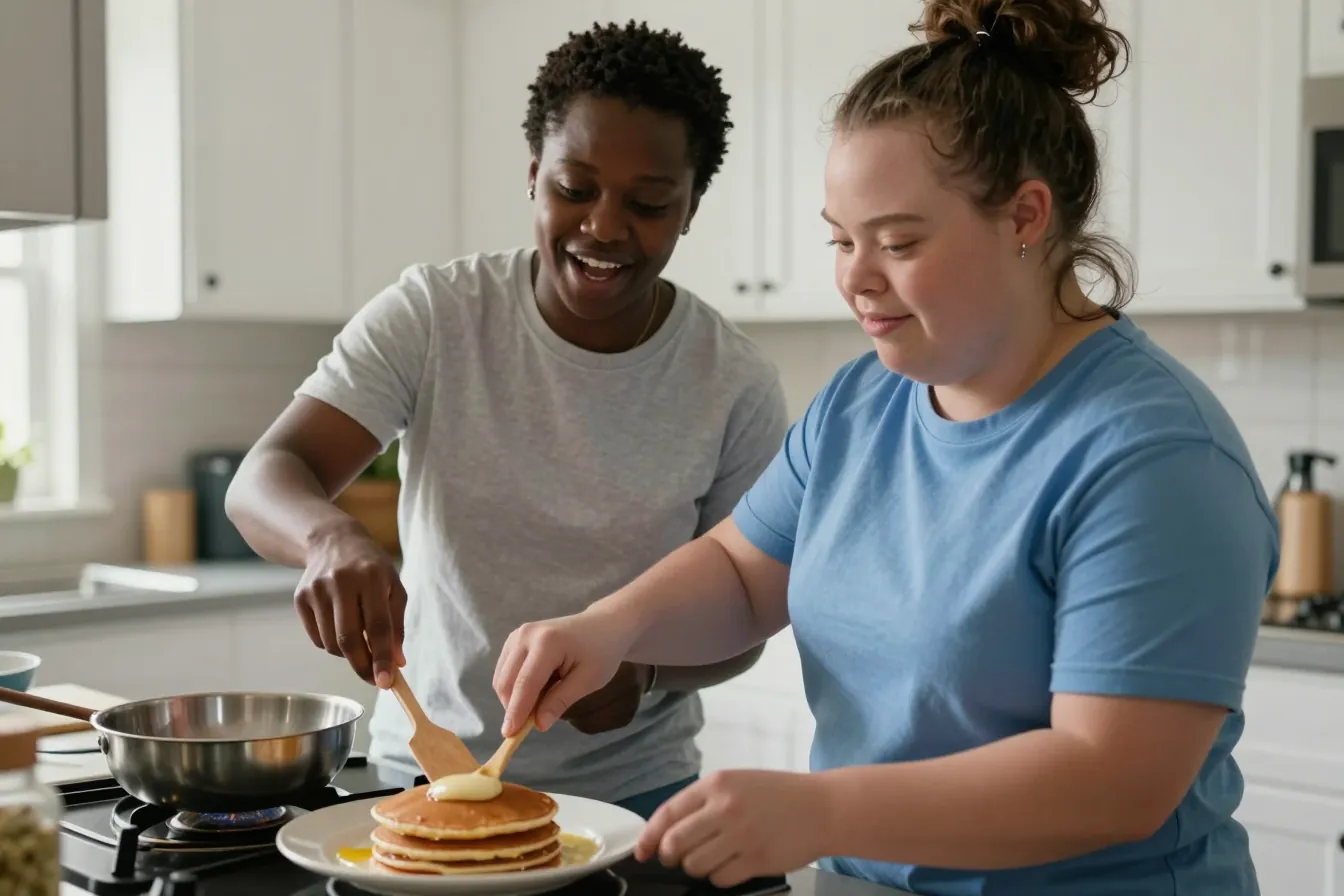 A caregiver and a young woman with Down syndrome make pancakes together in a group home kitchen