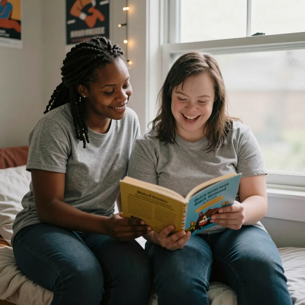 A young woman with Down syndrome and her caregiver laugh while reading a book together