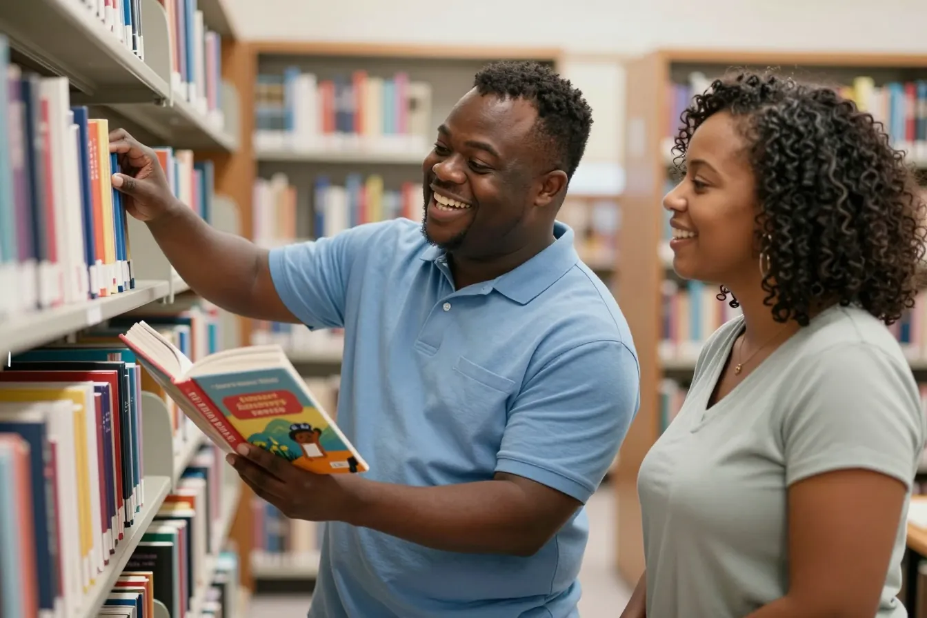 Two adults browse books together at a public library during a community outing