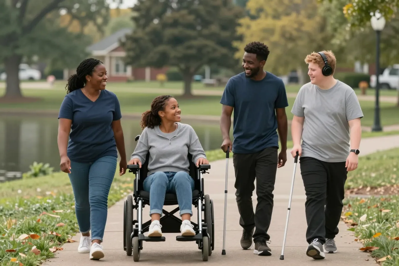A support worker walks through a park with a young woman using a wheelchair and two men using canes, one wearing headphones