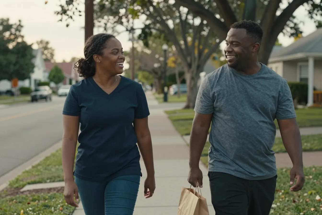 A support worker and a man carrying a grocery bag walk and laugh along a tree-lined neighborhood sidewalk