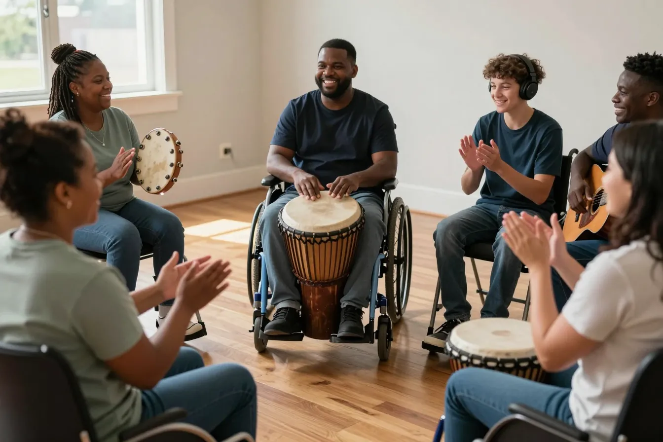 Adults with disabilities, including a wheelchair user, enjoy a drum and music session at the day program