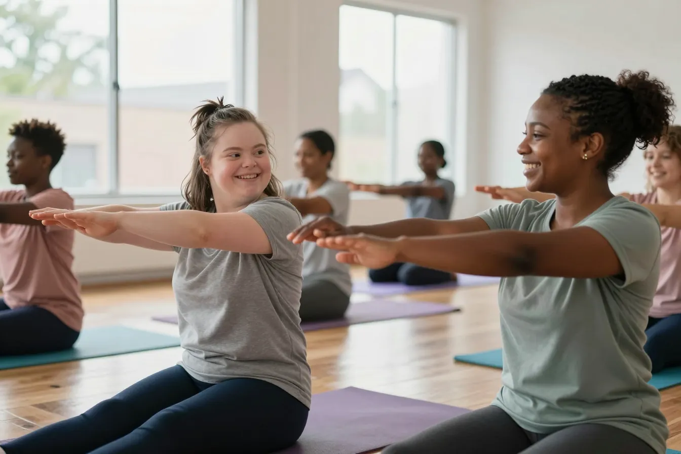 A young woman with Down syndrome and a support worker stretch together in a community fitness class