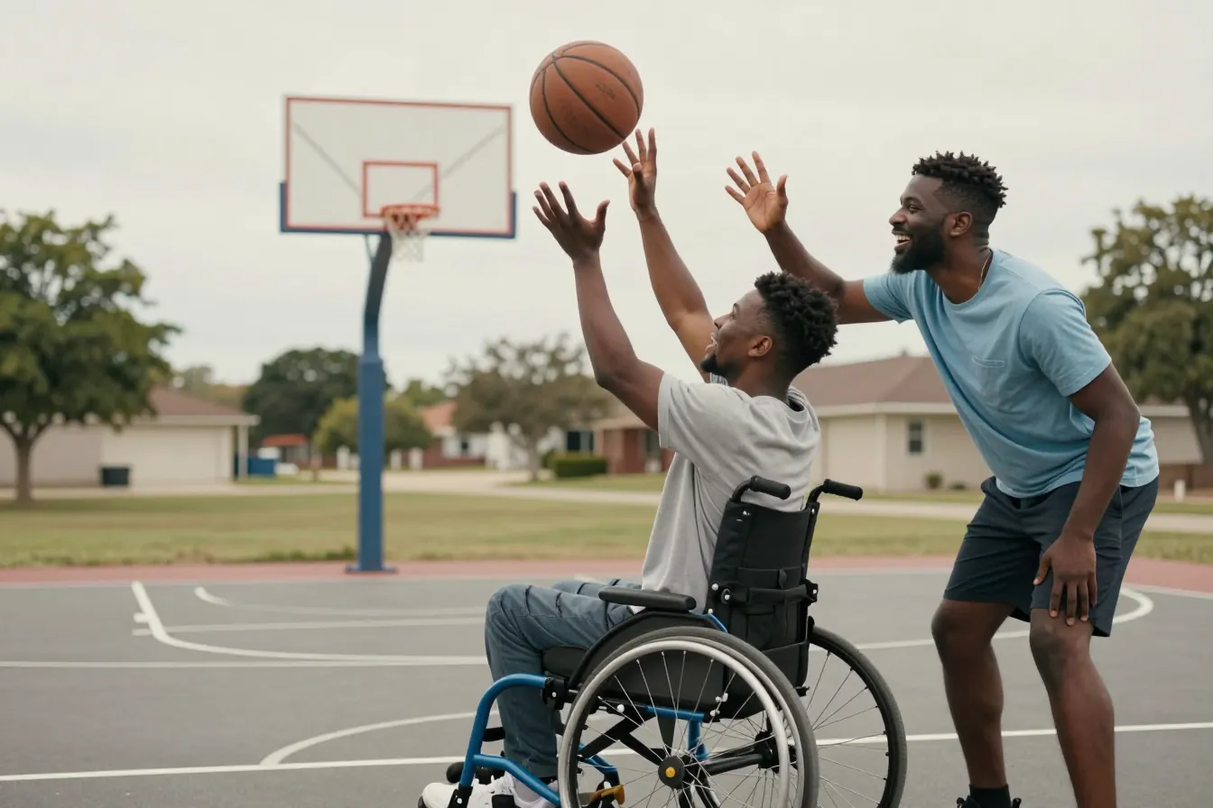 A young man in a wheelchair shoots a basketball on an outdoor court while his support worker cheers