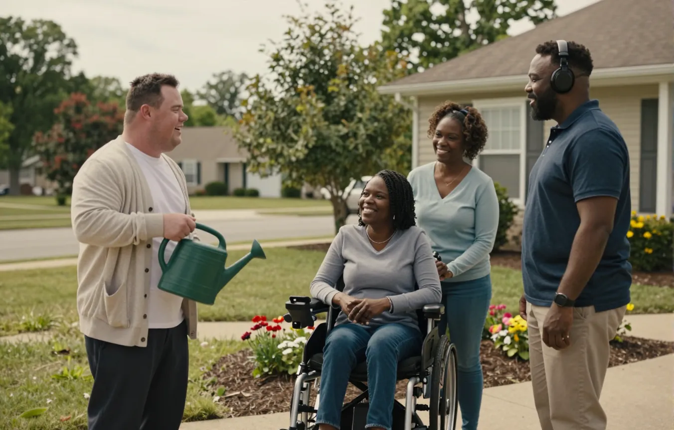 Residents and staff chat in the front yard of a group home; one man holds a watering can and a woman uses a wheelchair