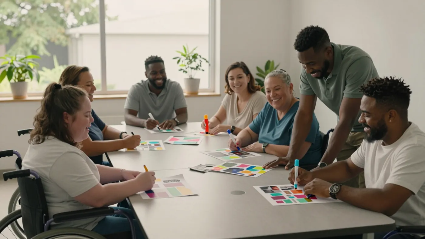 Adults at the day program, including wheelchair users, create colorful art projects around a table with staff