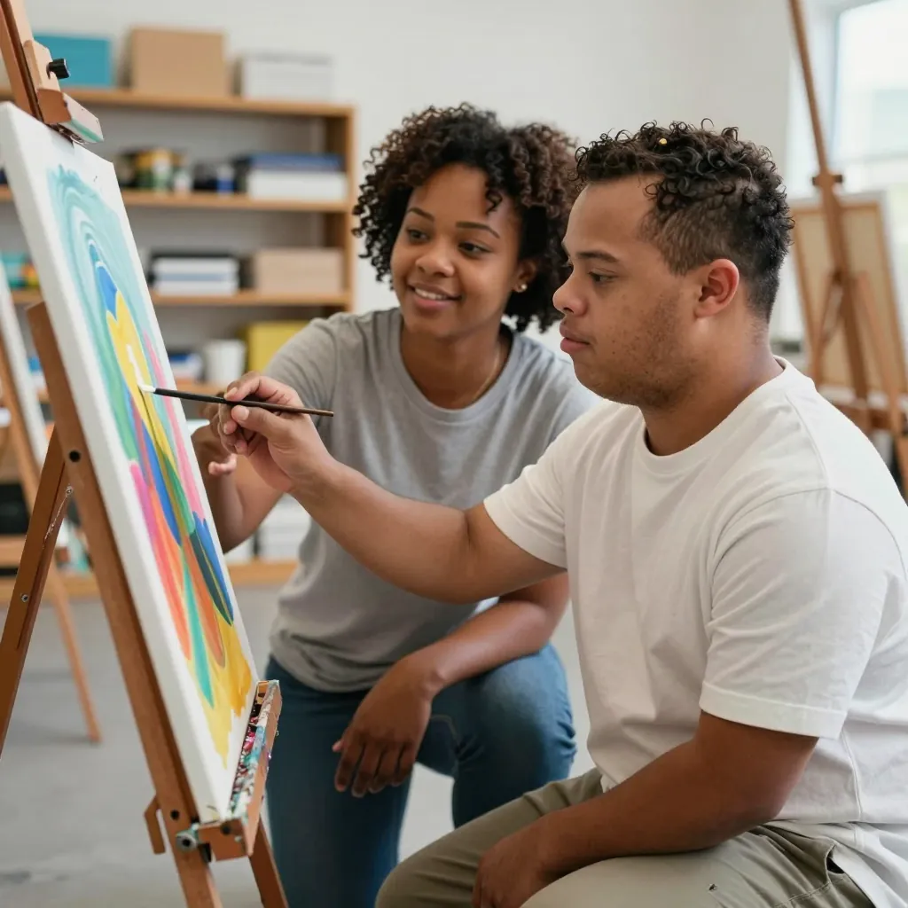 A young man with Down syndrome paints a colorful canvas while an instructor looks on
