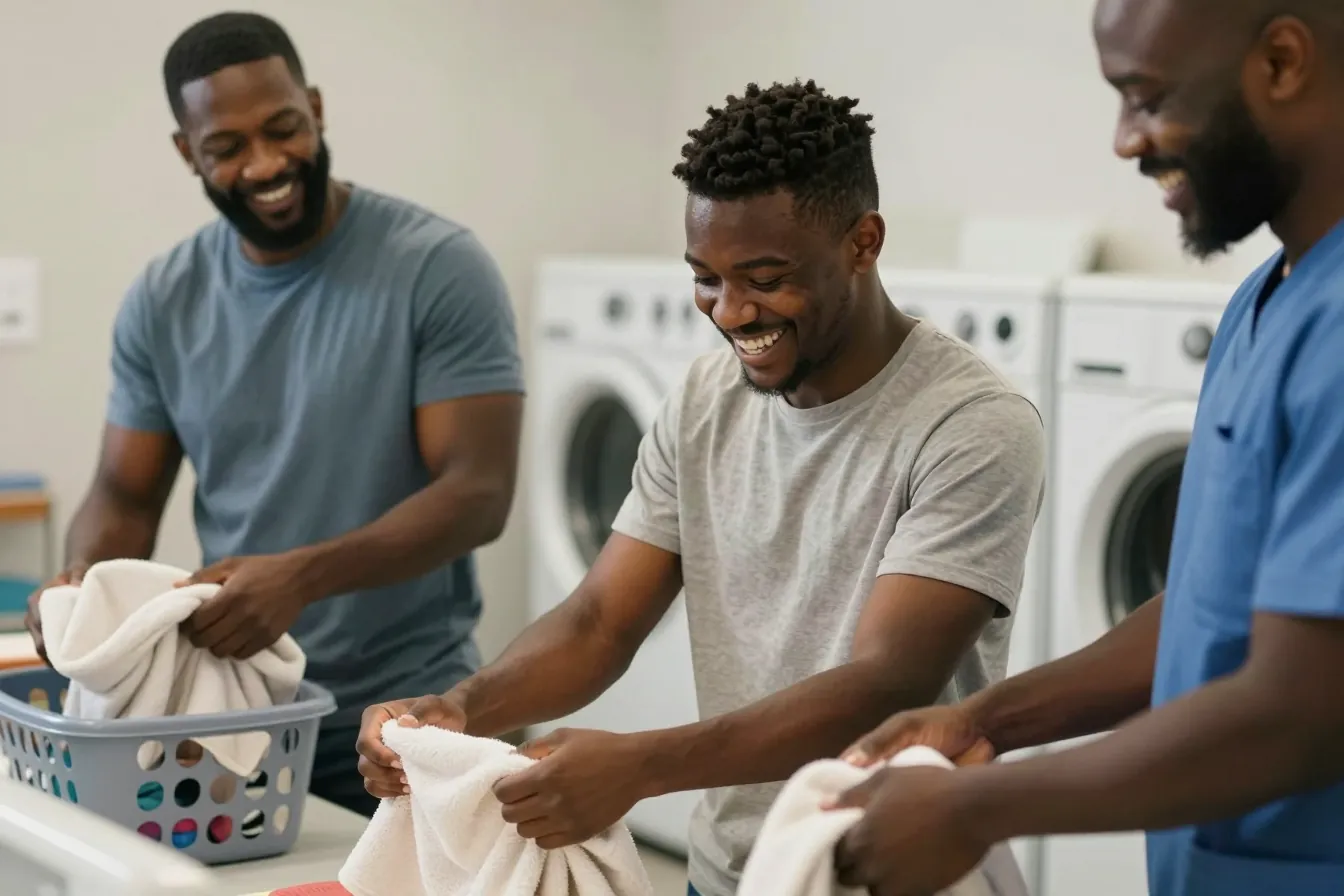 A young man folds laundry with his caregivers in a group home laundry room