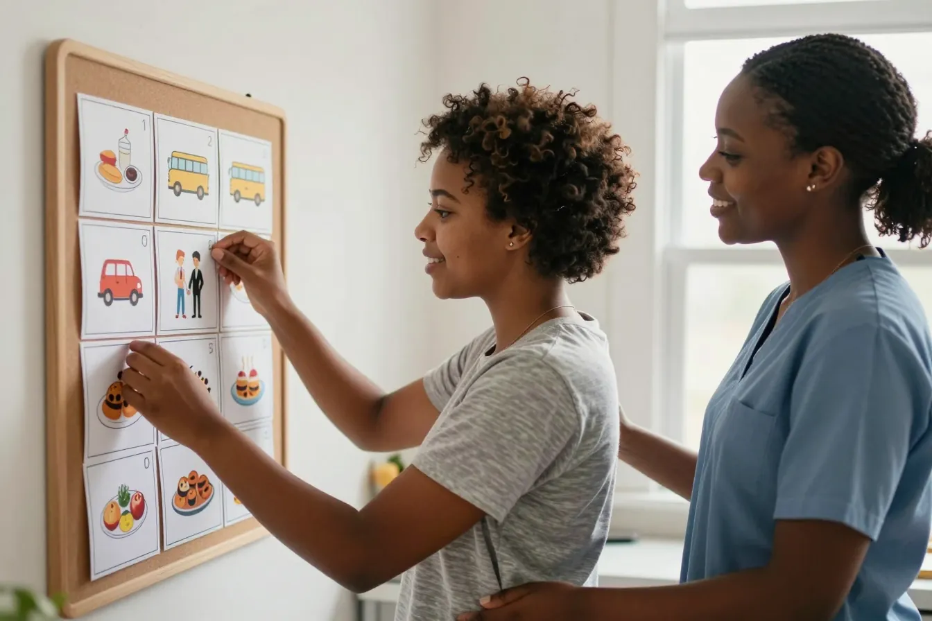 A young woman arranges picture cards on her visual daily schedule with her caregiver
