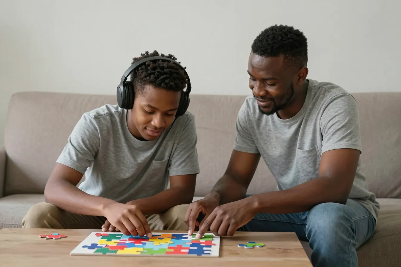 A young man with autism wearing headphones works on a jigsaw puzzle with his caregiver