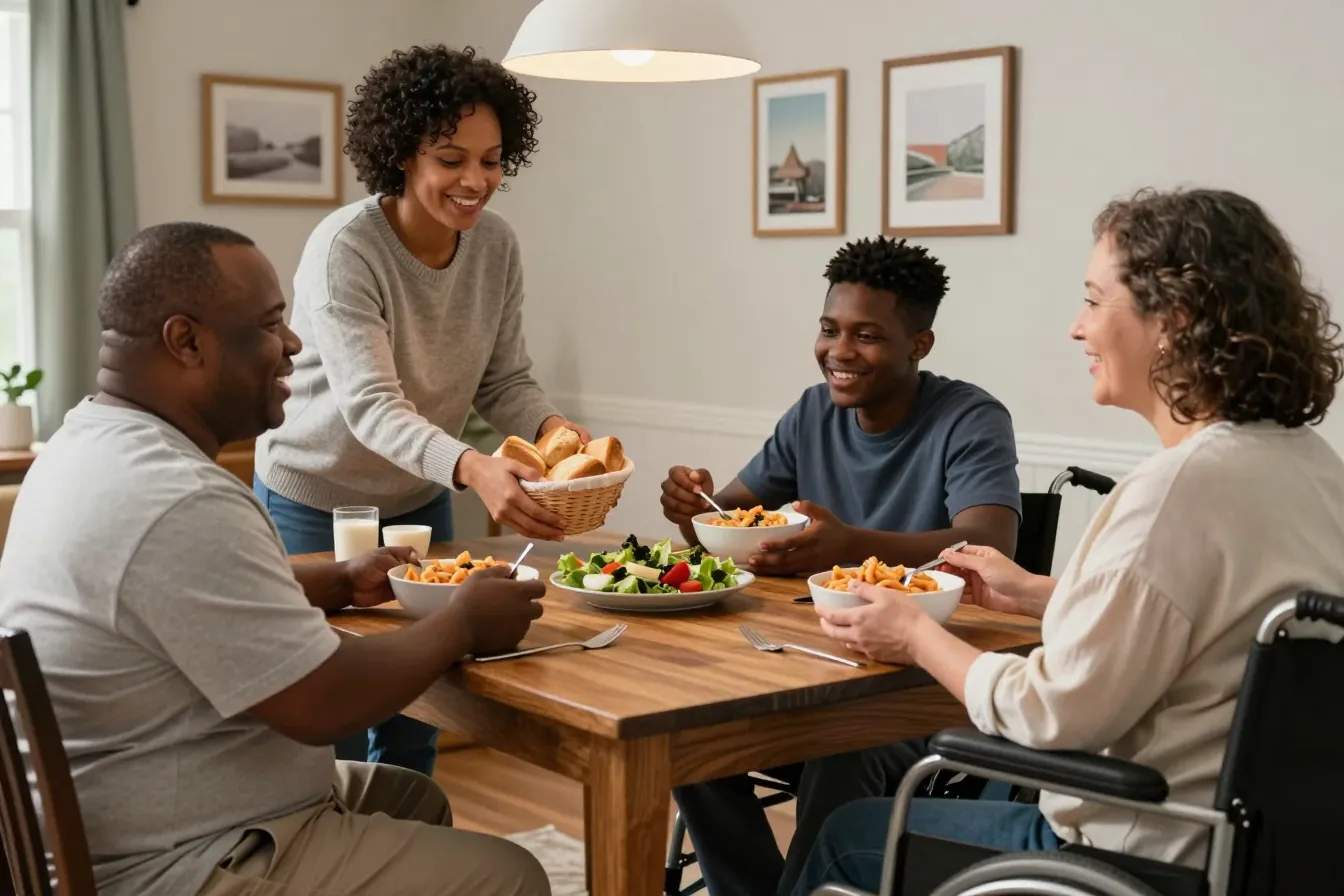 Residents, including a wheelchair user, share a family-style dinner at a group home while a caregiver serves bread