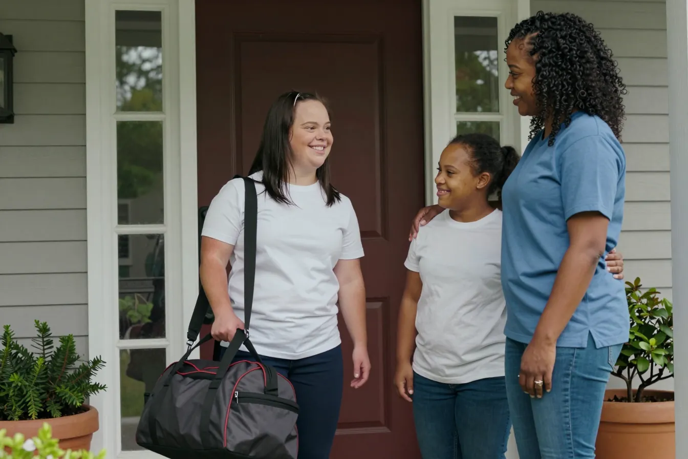 A young woman with Down syndrome arrives with her overnight bag and is welcomed at the front door