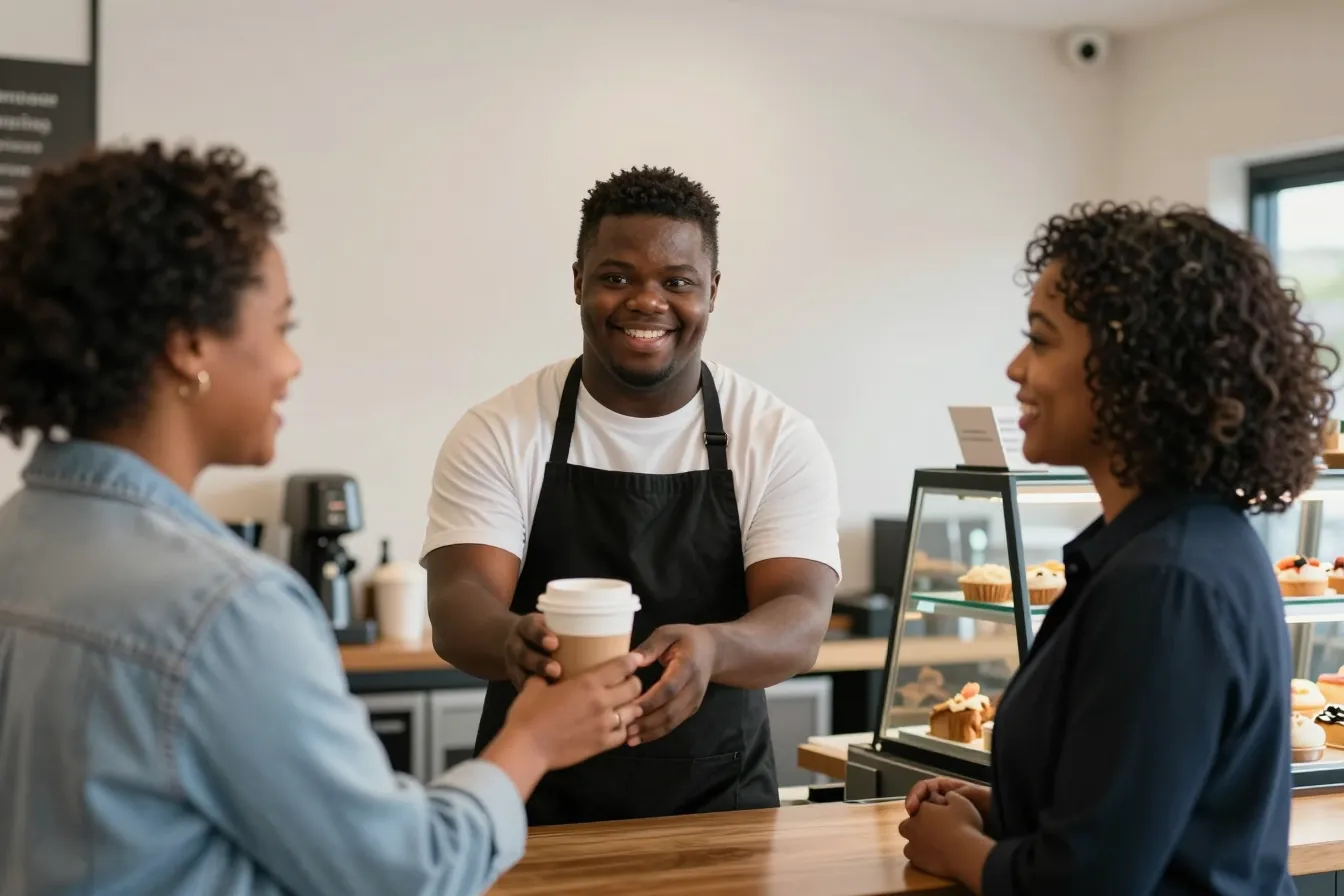 A young man in a cafe apron hands a coffee to a customer at work