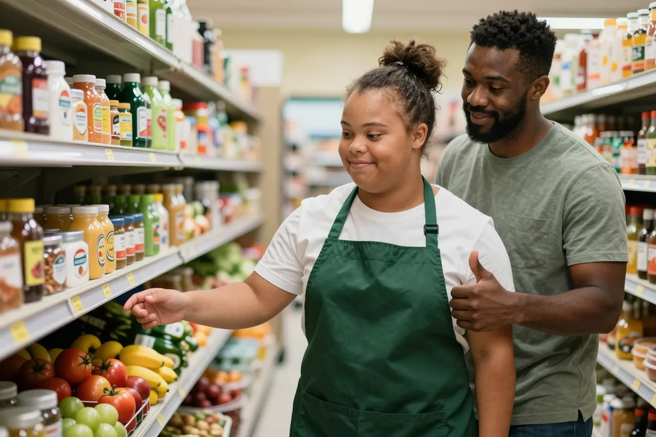 A young woman with Down syndrome stocks grocery shelves as her job coach gives a thumbs-up